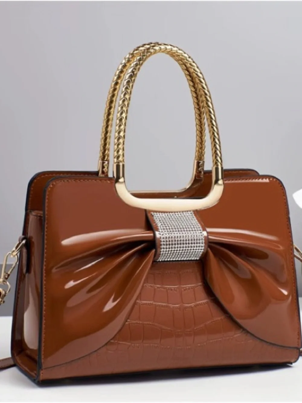 Women's Brown Patent Bow Top-Handle Bag with Gold Hardware